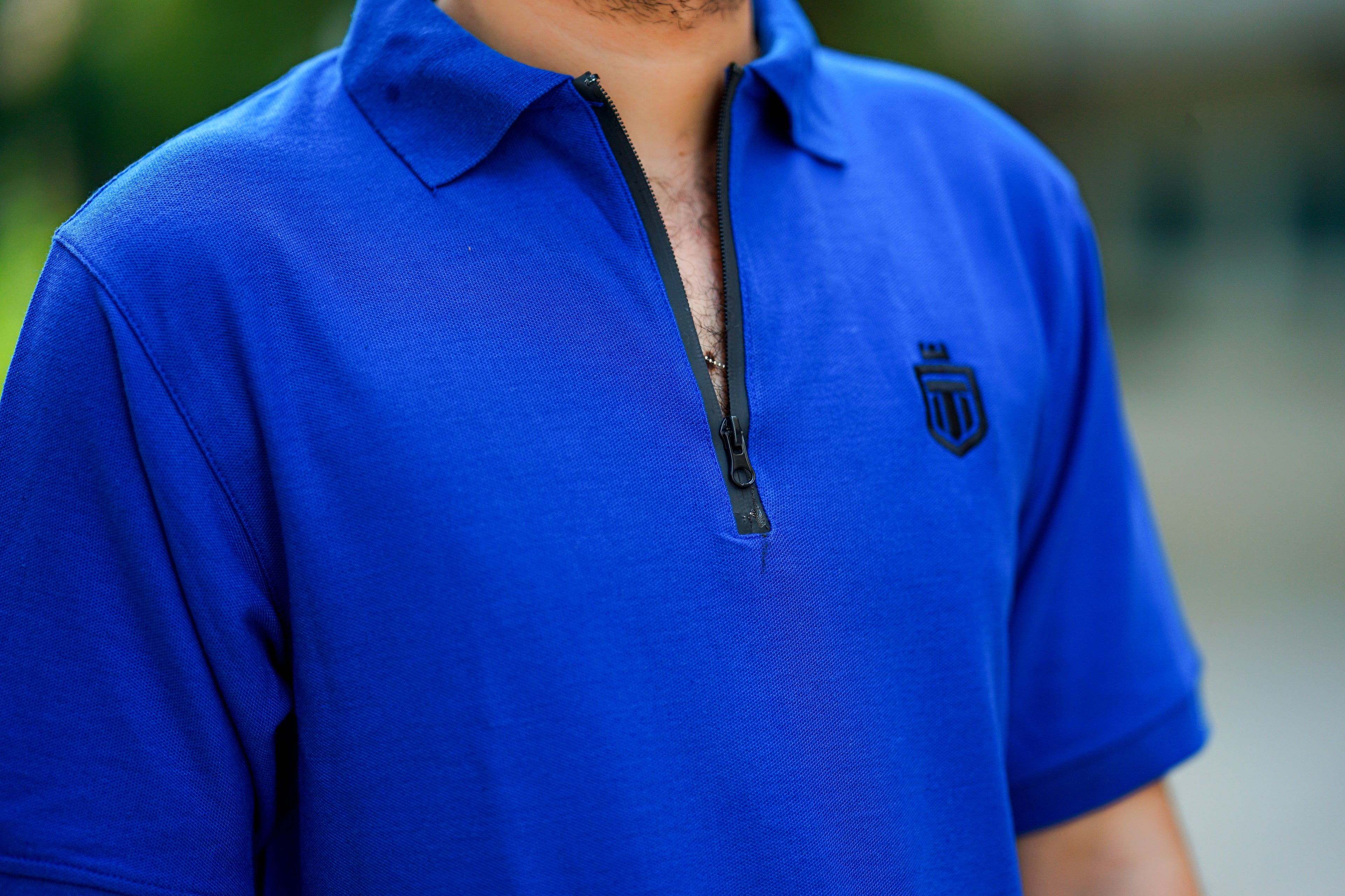 Royal Blue drop-Shoulder, zip-up polo