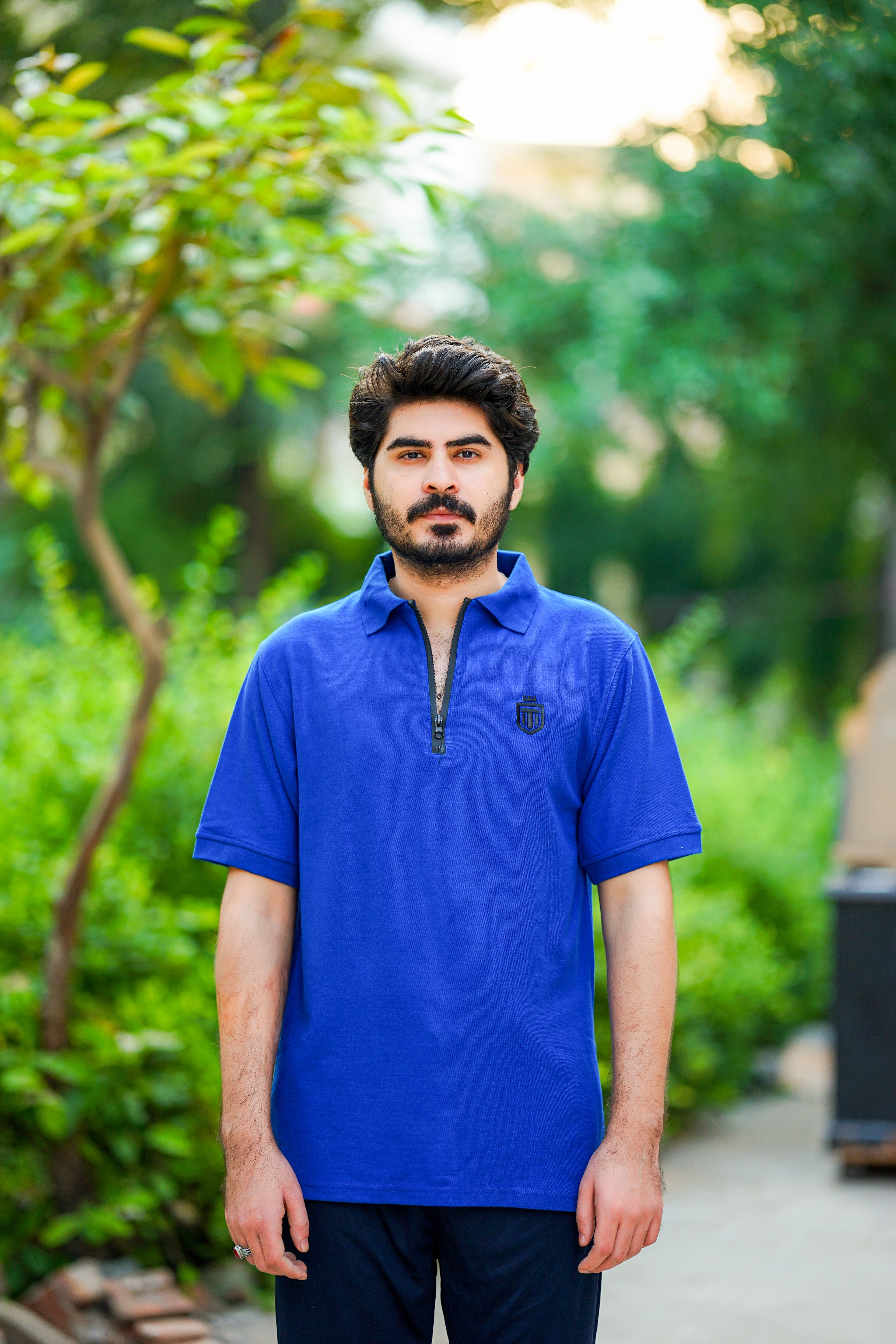 Royal Blue drop-Shoulder, zip-up polo