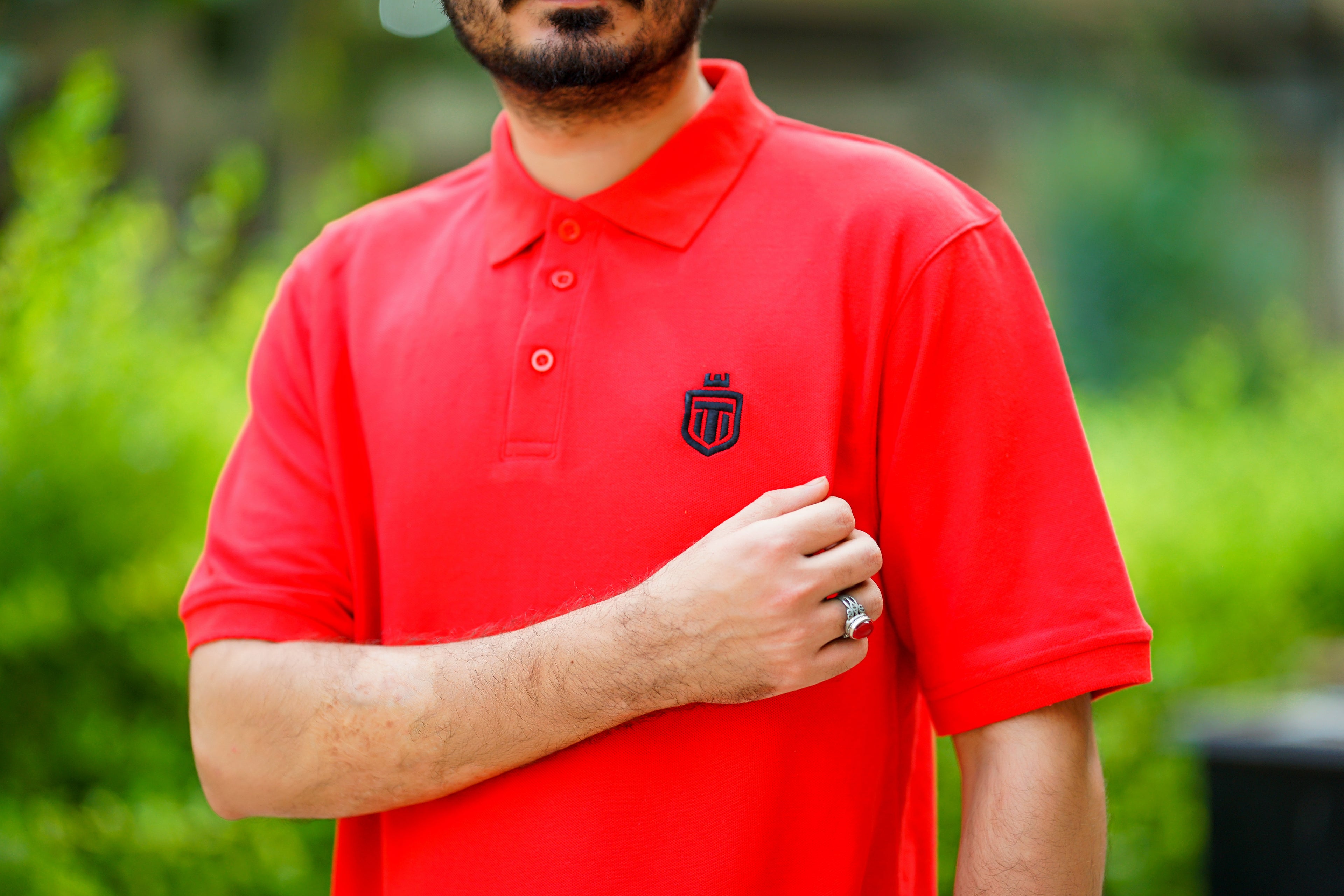 Maroon down shoulder button-down polo