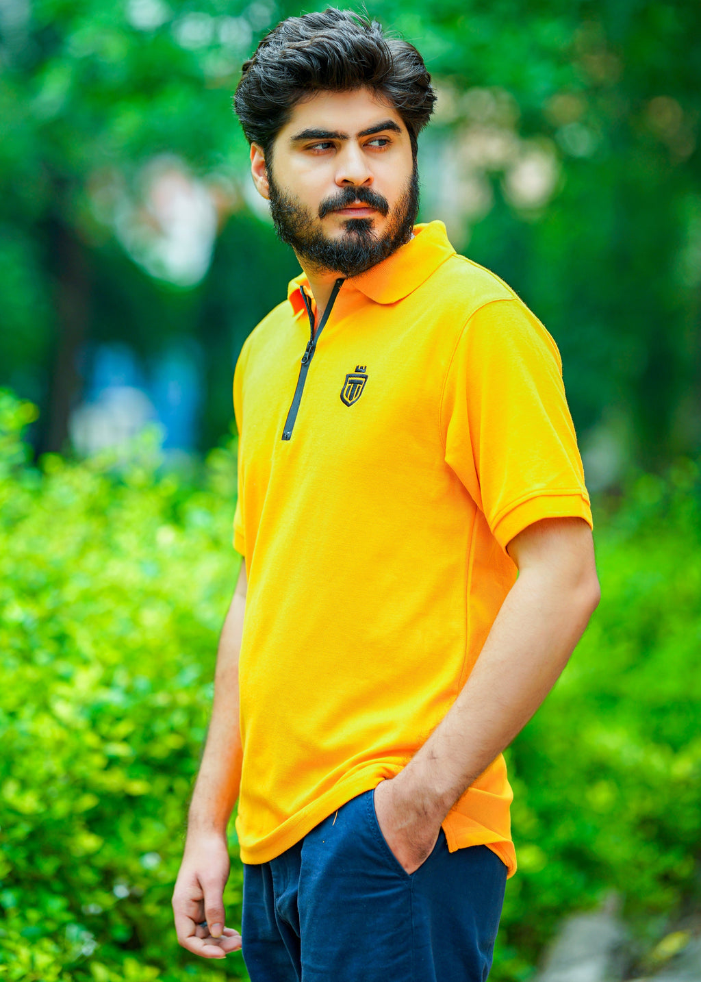 Mustard down shoulder zip-up polo