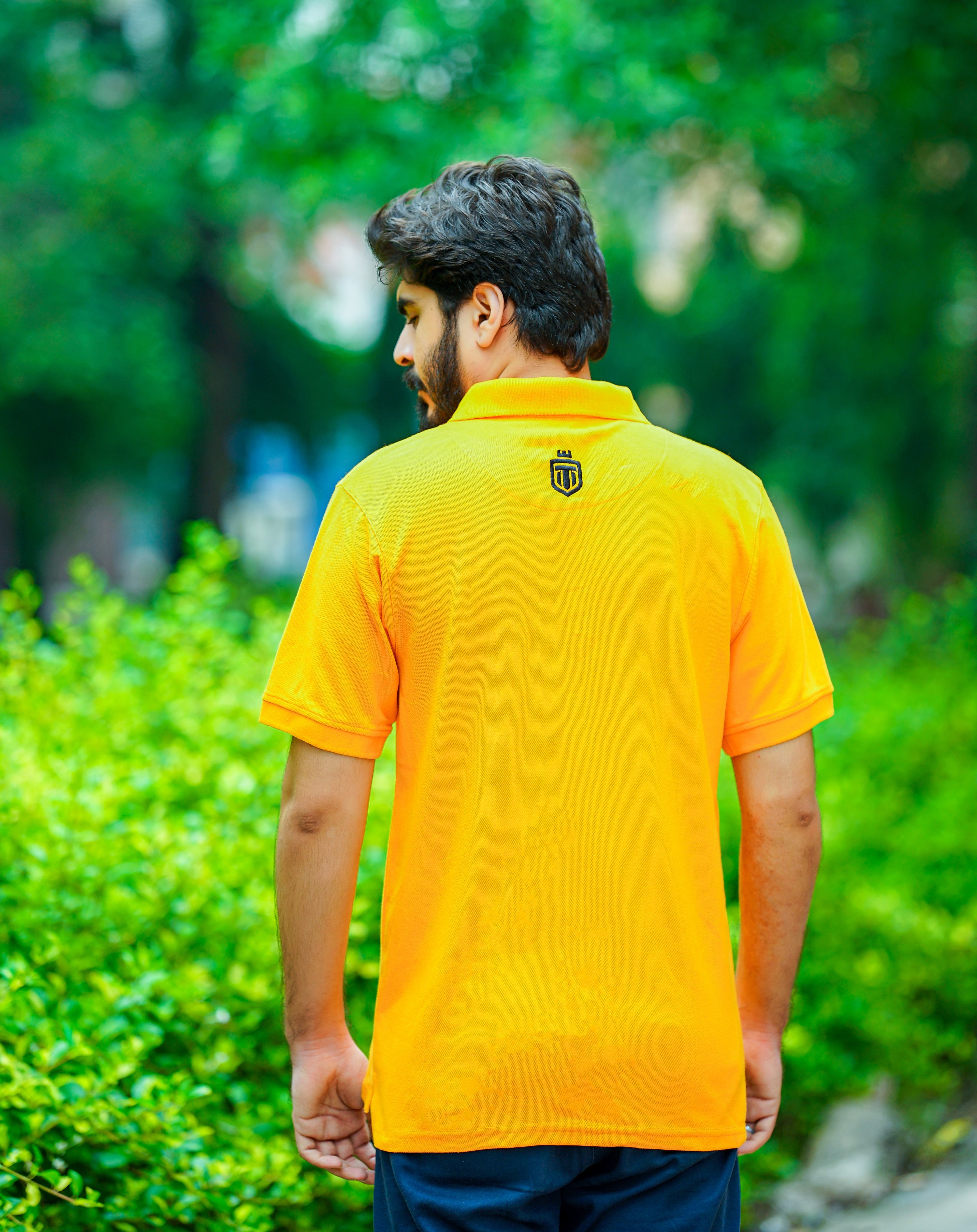Mustard down shoulder zip-up polo